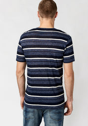 Buffalo David Bitton Mens Striped Linen Henley Short Sleeve T Shirt Blue Medium