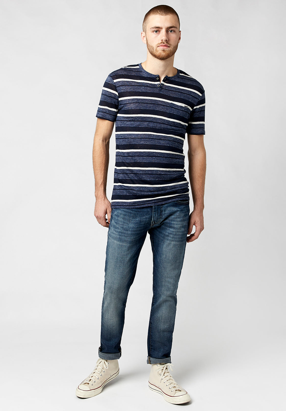 Buffalo David Bitton Mens Striped Linen Henley Short Sleeve T Shirt Blue Medium