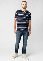Buffalo David Bitton Mens Striped Linen Henley Short Sleeve T Shirt Blue Medium