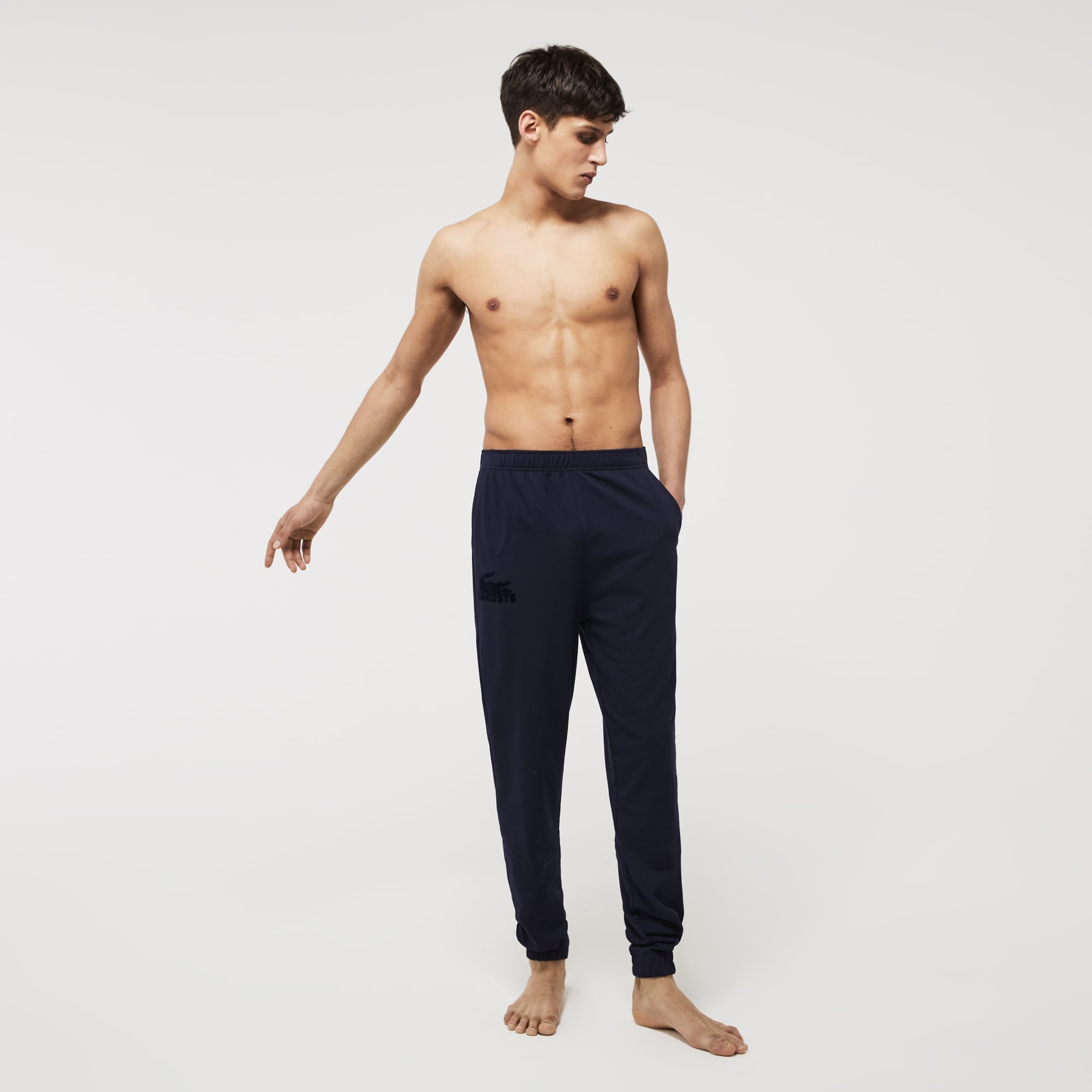 Lacoste Mens Cotton Fleece Lounge Jogger Pajama Pants Blue Large