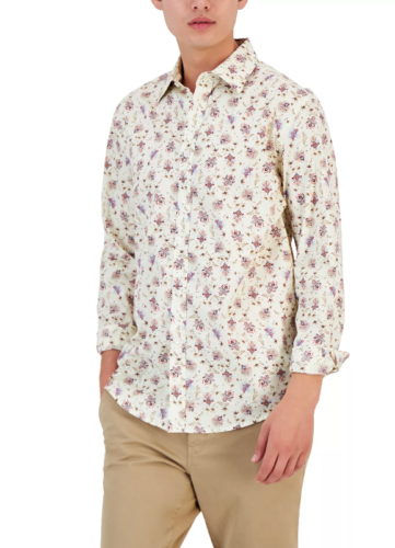 CLUB ROOM Men's Monan Floral Button Shirt Bright White Medium