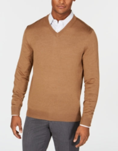 Club Room Mens Regular-Fit Solid V-Neck Sweater Ebony Heather Brown 2XL