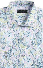 Alfani Men Slim Fit 4-Way Stretch Paisley Dress Shirt Paisley White Lavender 15