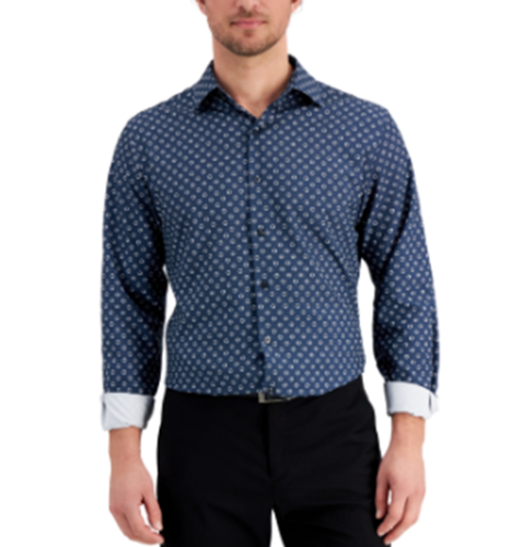 Alfani Mens Geo-Print Dress Shirt Navy White 17-17 12 36-37