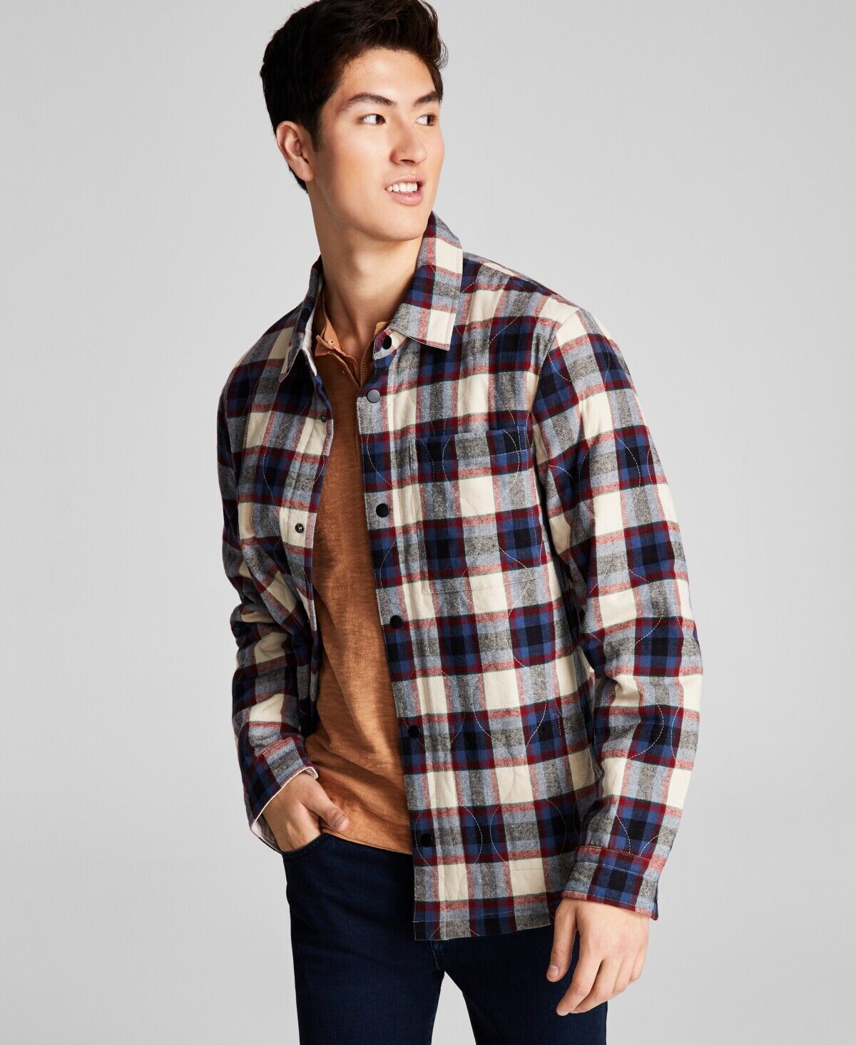 And Now This Mens Plaid Shirt Jacket Button Down Brown Small
