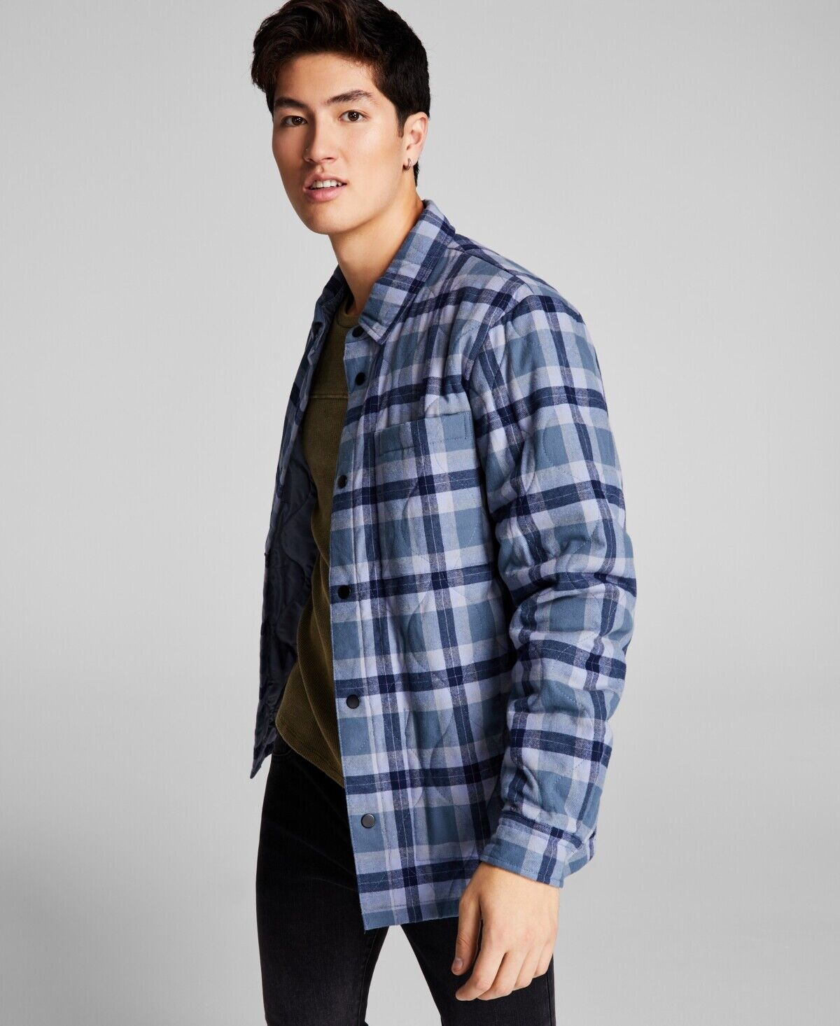 And Now This Men's Plaid Flannel Shirt Jacket Navy Blue Small