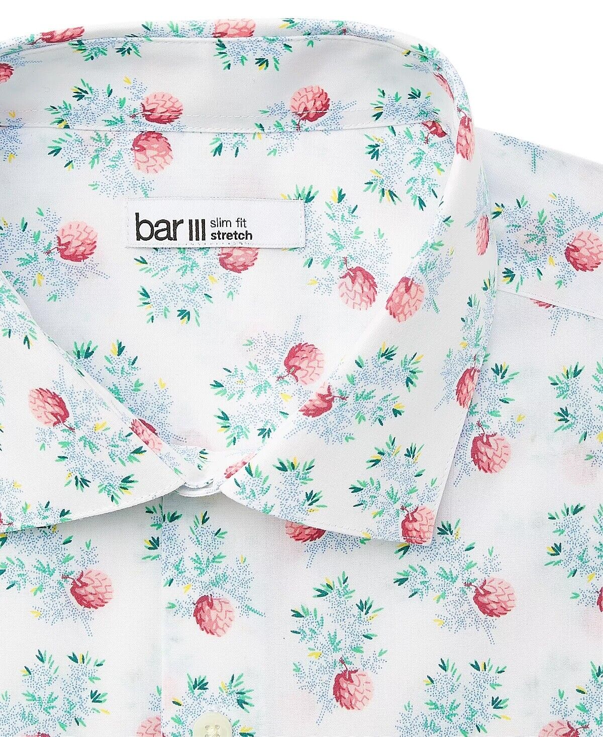 Bar III Mens Button Down Berry-Print Dress Shirt White Pink Large