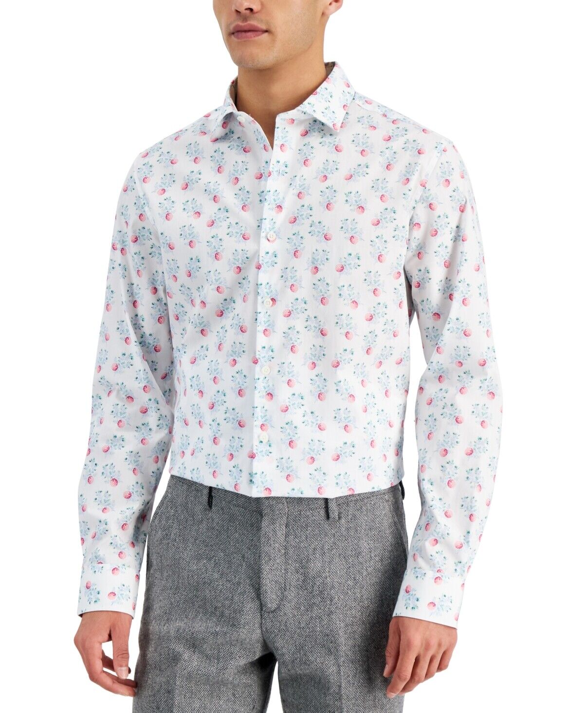 Bar III Mens Button Down Berry-Print Dress Shirt White Pink Large
