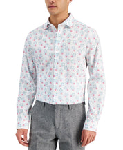 Bar III Mens Button Down Berry-Print Dress Shirt White Pink Large