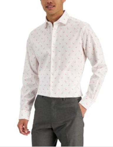Bar III Men's Flamingo Print Button Down Dress Shirt White Pink Medium