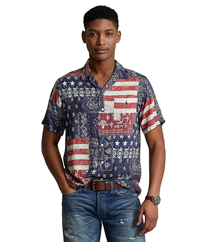 Ralph Lauren Mens Patchwork print Camp Shirt  Blue Large