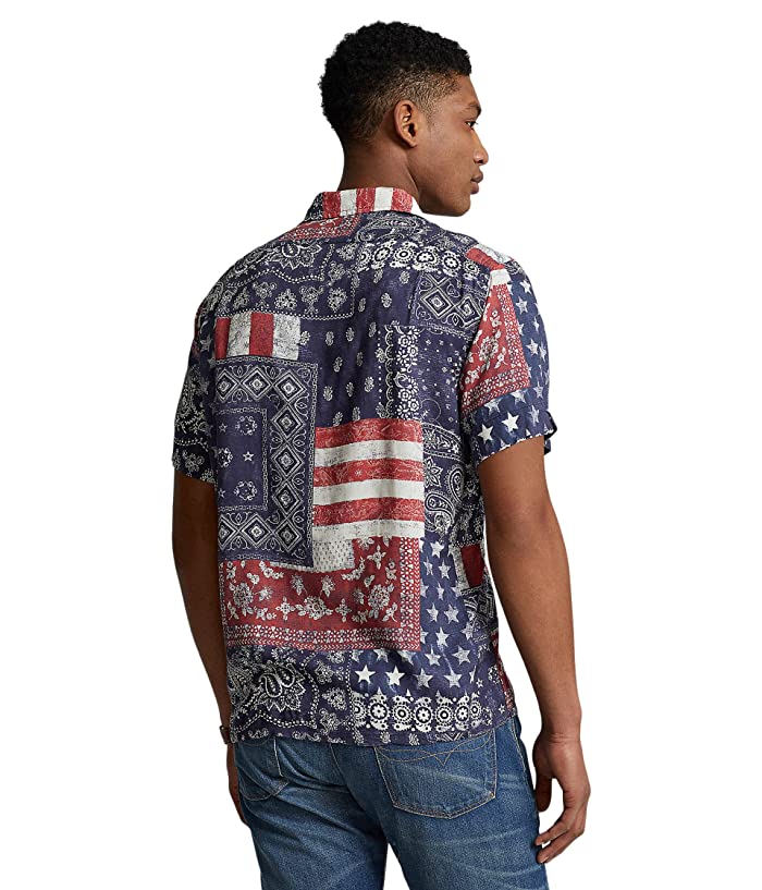 Ralph Lauren Mens Patchwork print Camp Shirt  Blue Large