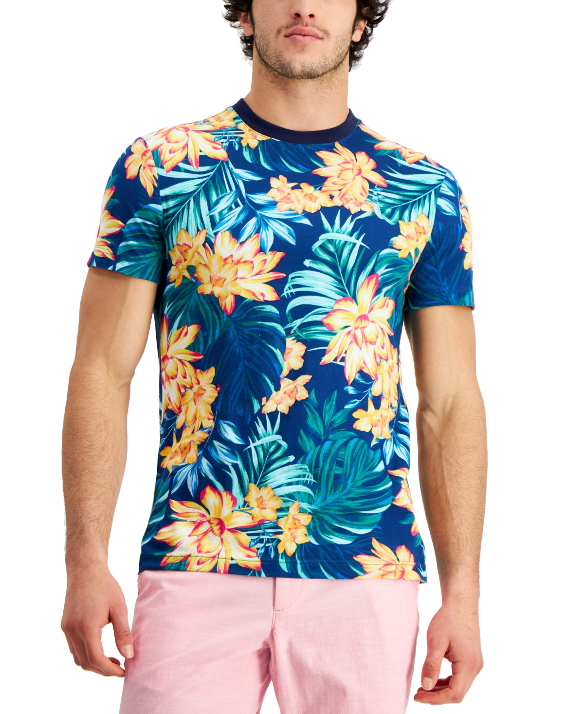Club Room Mens Short Sleeve Crewneck T Shirt Tropical Floral Print Blue XL