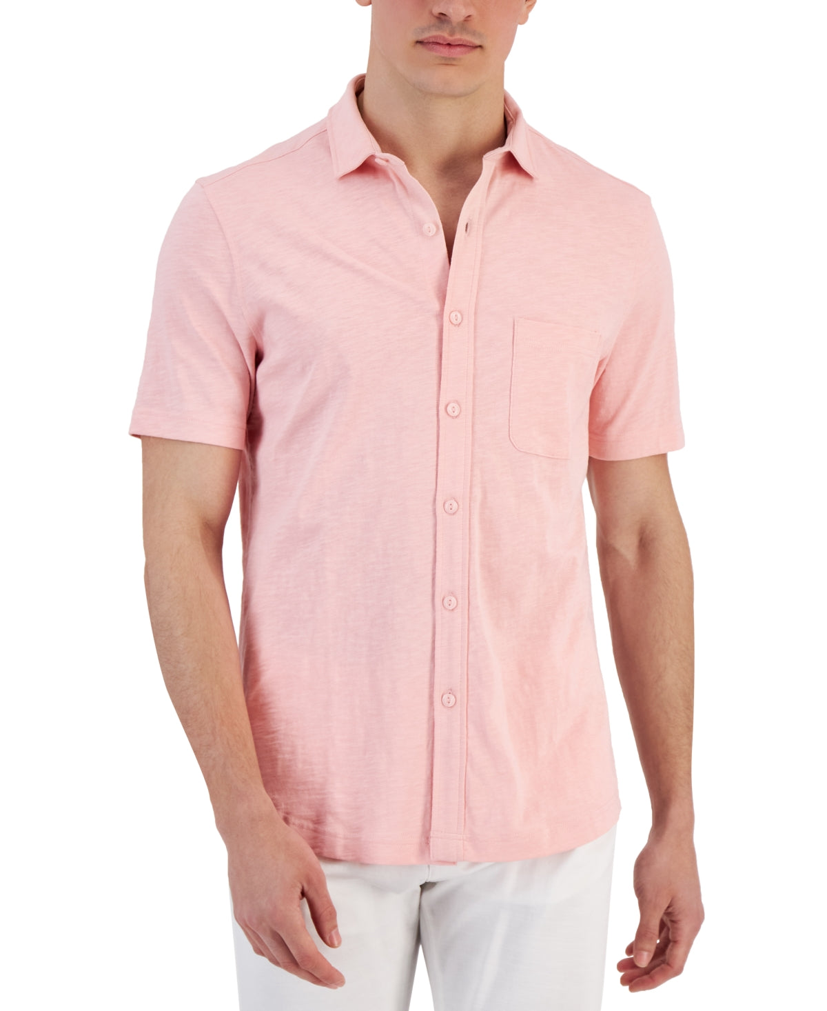 Club Room Men's Textured knit Short Sleeve Button Up Shirt Ash Pink Xl