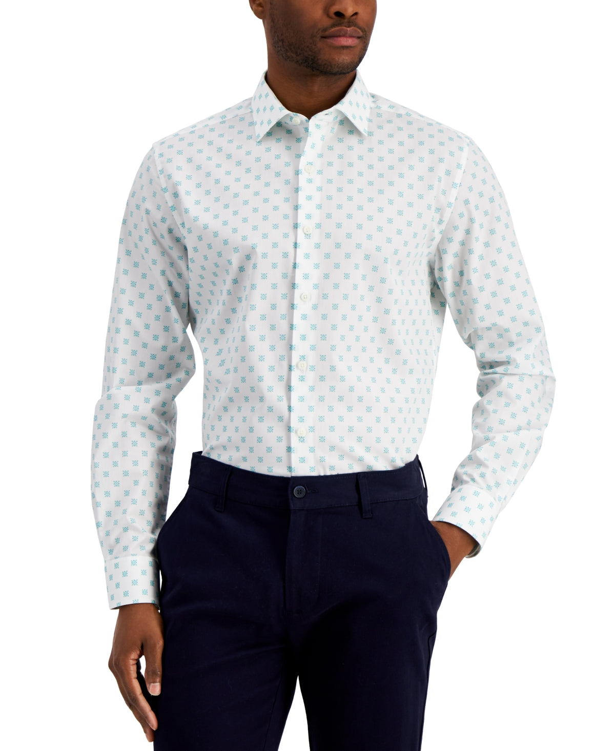 Bar III Men's Slim Fit Medalli White Green Button Down Shirt Small