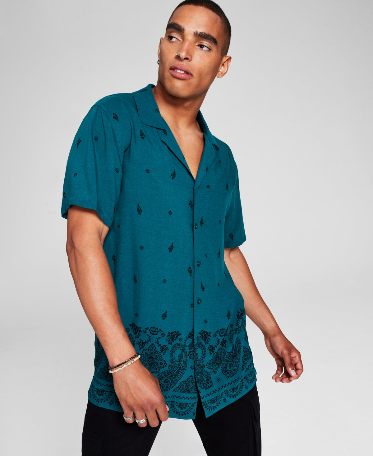 And Now This Mens Bandana print Camp Shirt Green Medium