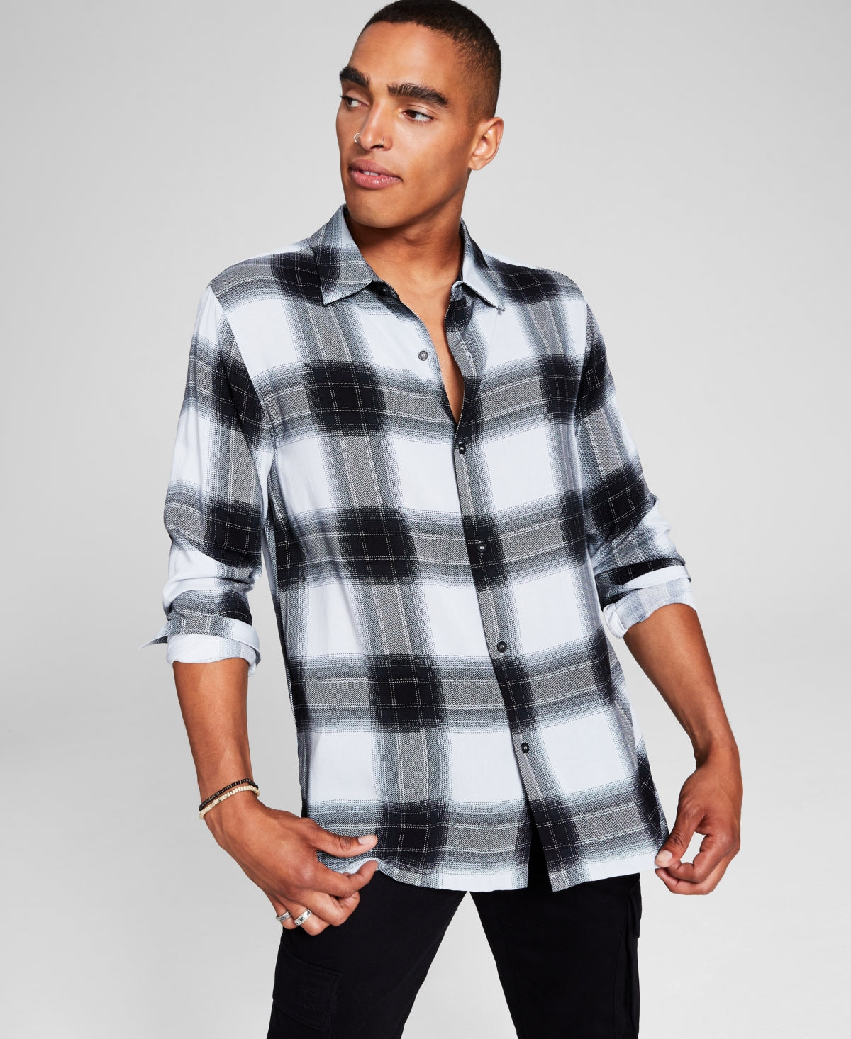 And Now This Men's Plaid Collared Buttondown Shirt Grey 2XL