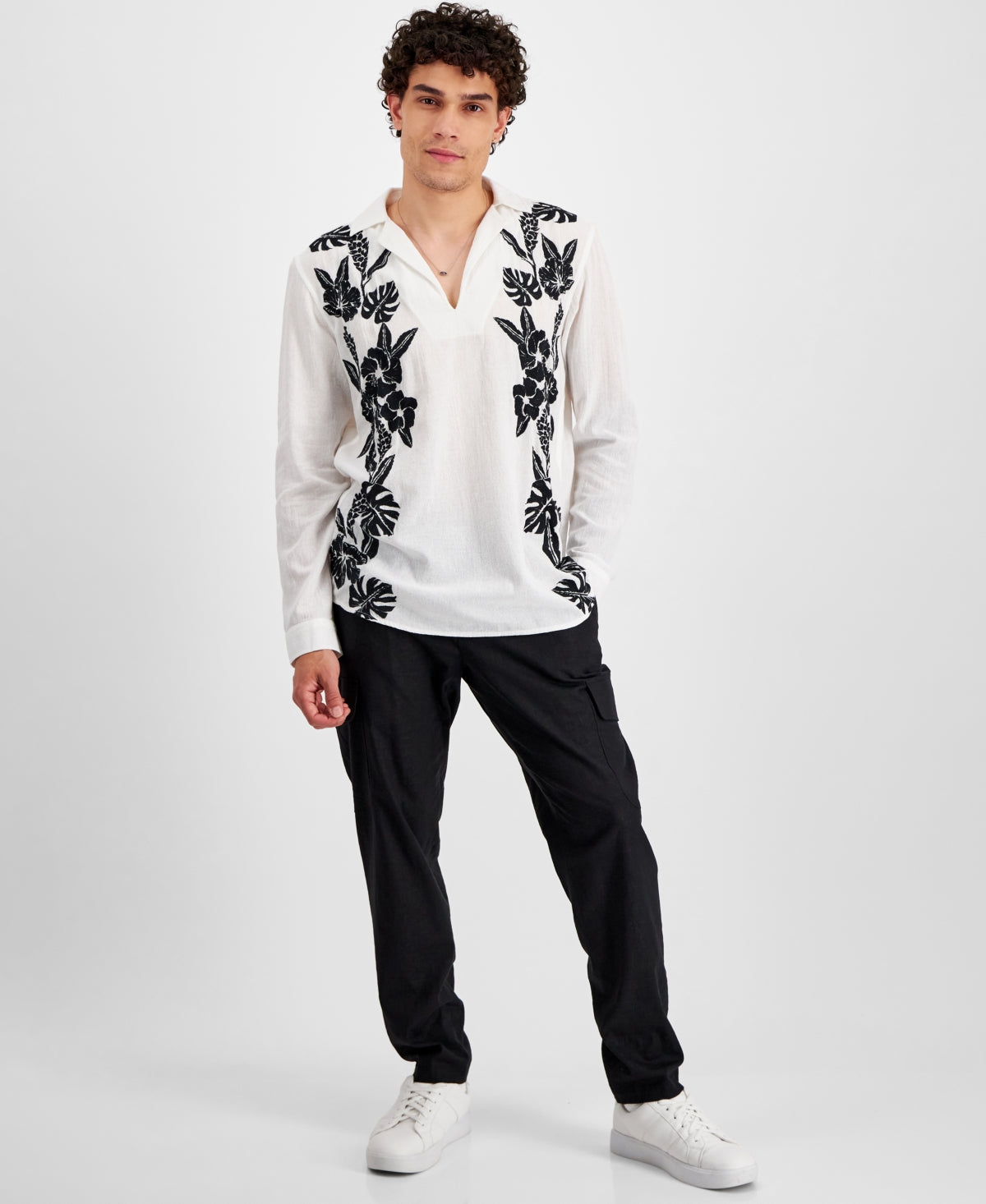 INC International Concepts Men's Embroidered Gauze Popover Shirt White XS