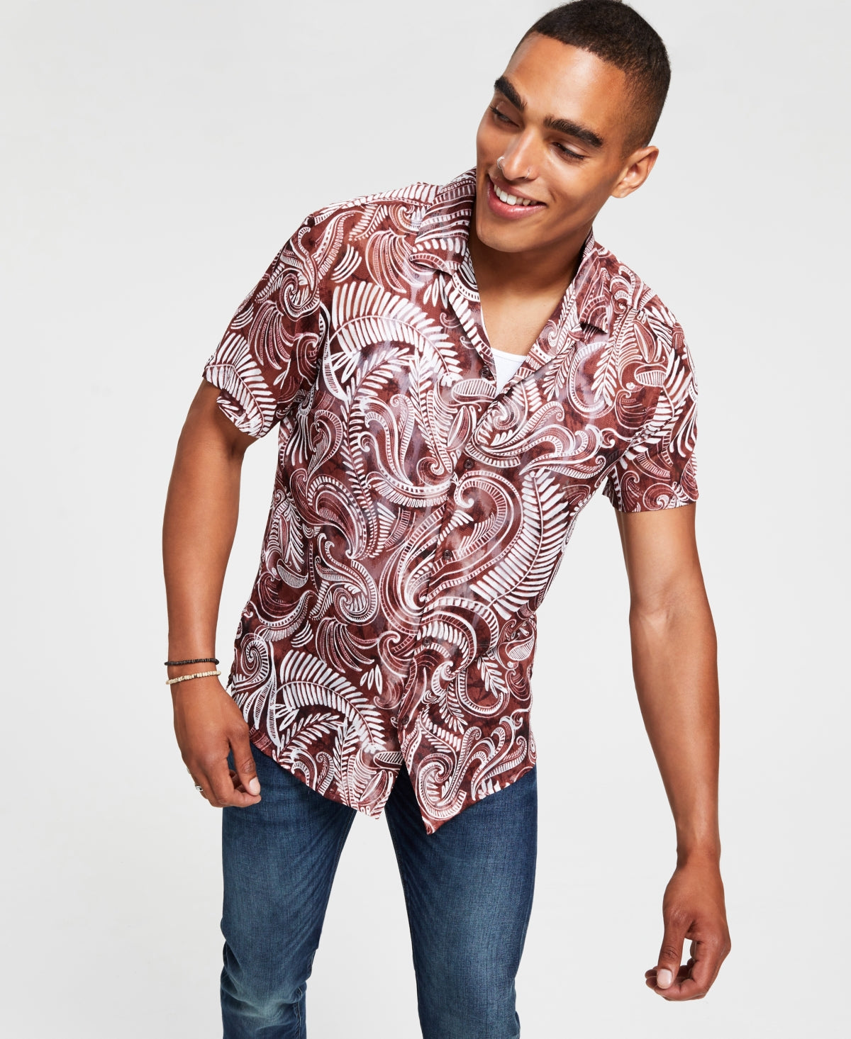 INC International Concepts Mens Paisley Camp Shirt Brown XS