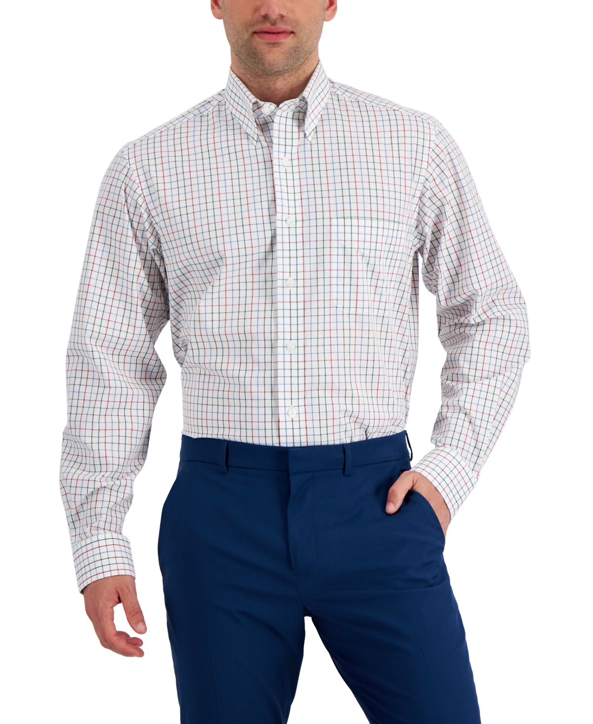 Club Room Men's Regular Fit Tattersall Dress Shirt  White Green Red Size 15