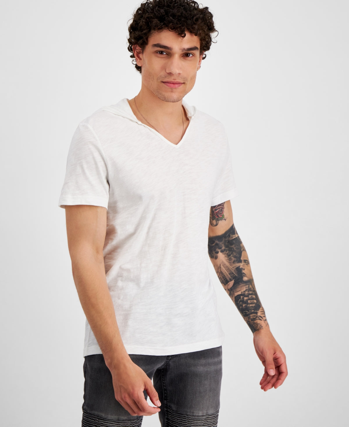 INC International Concepts Mens Hooded V neck T shirt White 2XL