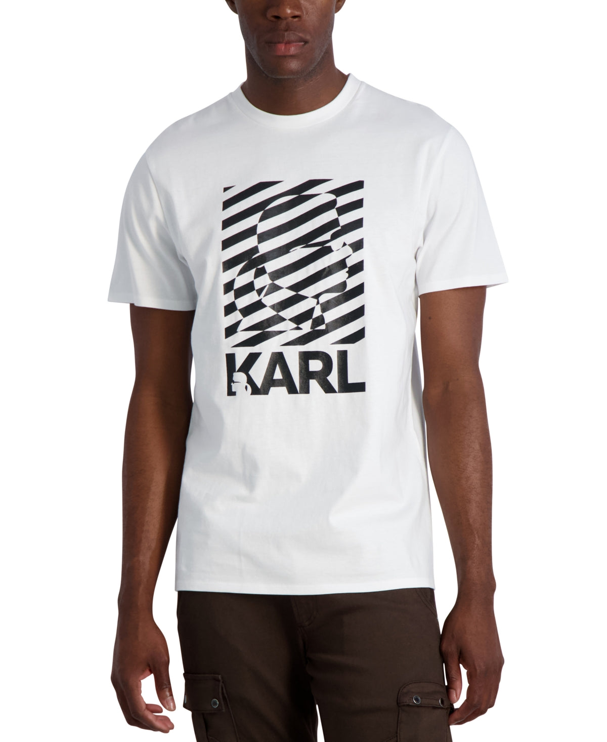 Karl Lagerfeld Paris Men's Striped Karl Logo Graphic T Shirt White Medium
