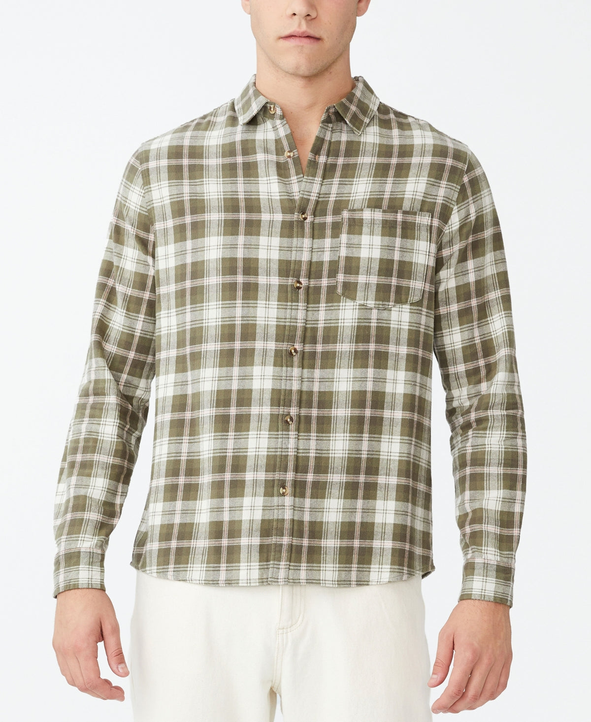 Cotton On Men's Camden Long Sleeve Shirt  Green Grid Check  Navy  Large