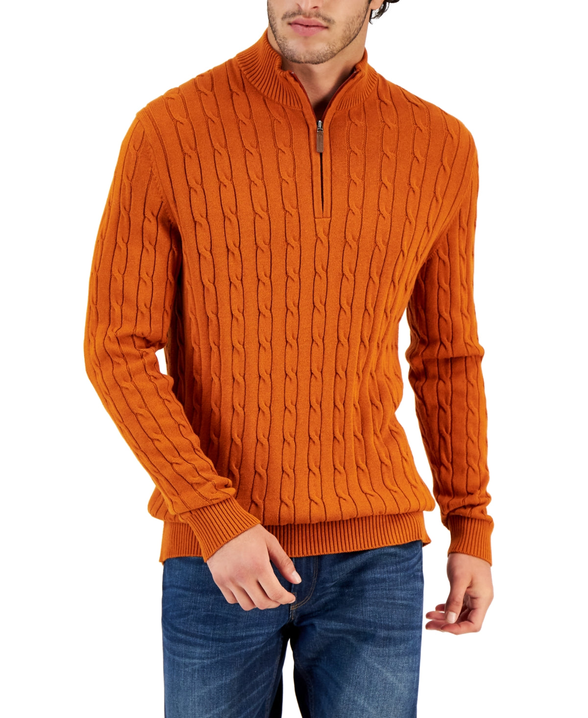 Club Room Men's Cable Knit Quarter-Zip Cotton Sweater Large Rust Orange
