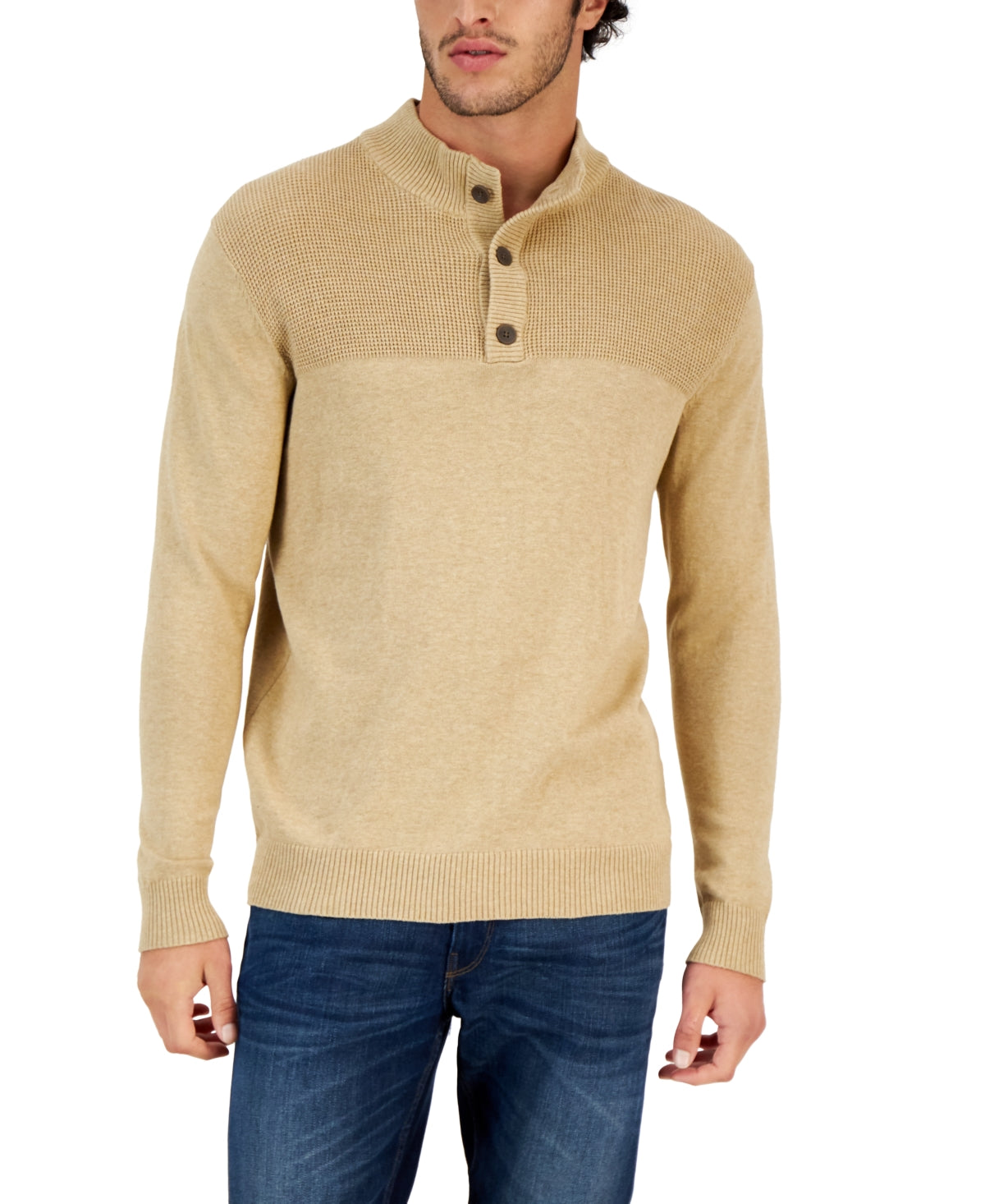 Club Room Men's Button Mock Neck Sweater  Toast Heather  Beige Medium