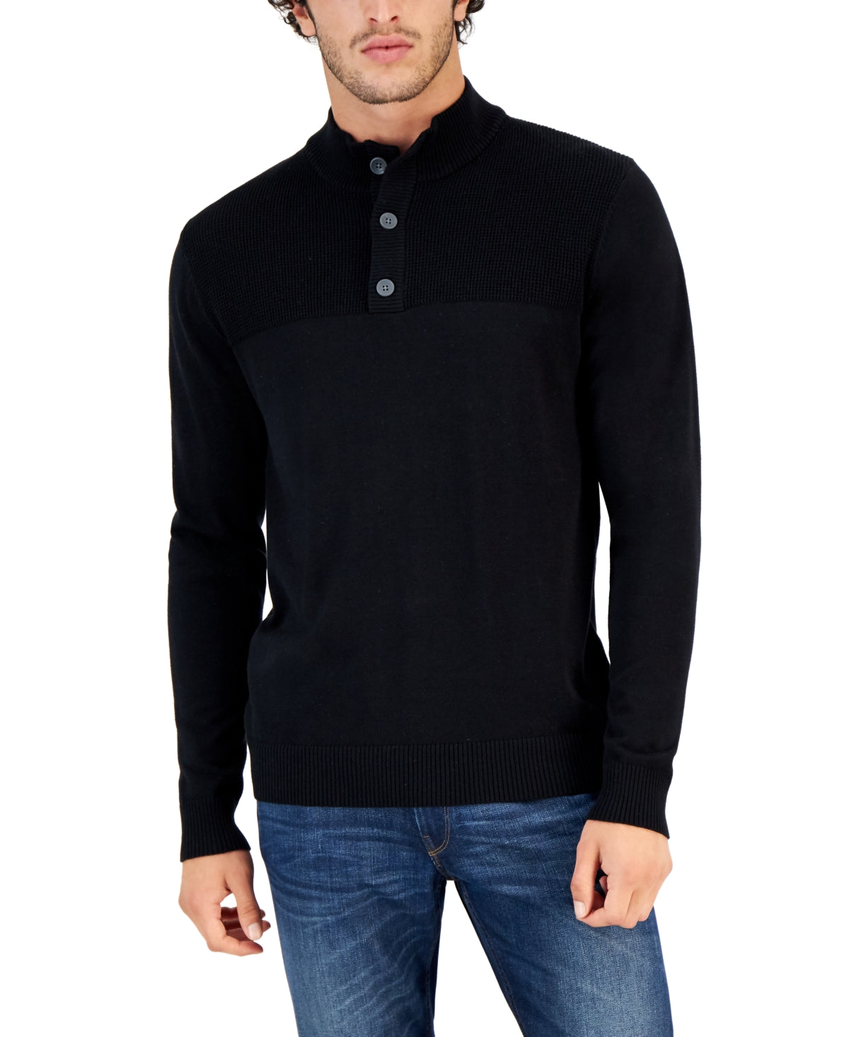 Club Room Men's Button Mock Neck Sweater Deep Black Xl