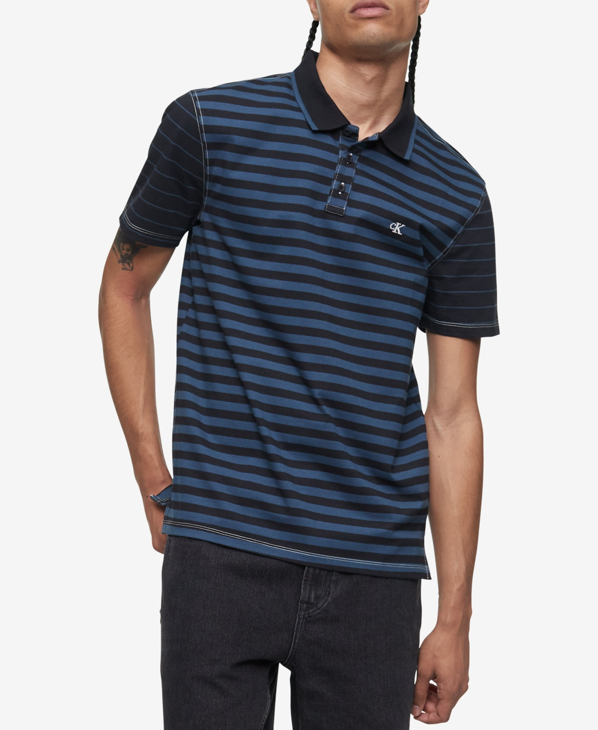 Calvin Klein Men's Striped Monogram Short Sleeve Polo Shirt Black Beauty Small