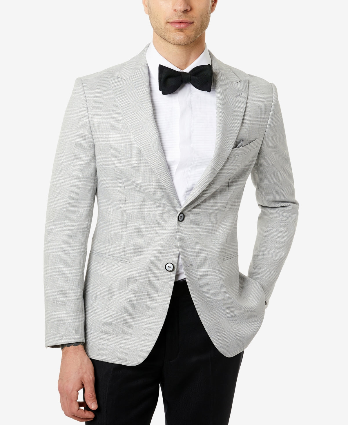 Tallia Men's Slim Fit Cream Metallic Plaid Sport Coat Blazer  Grey 42S