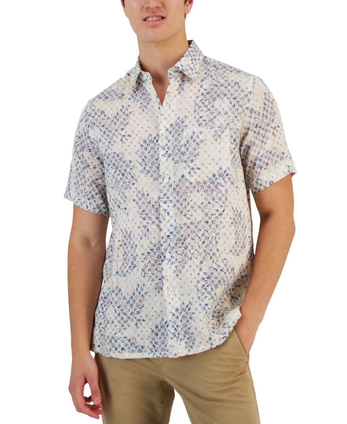 Club Room Mens Leaf Print Bright White Button Down Dress Shirt Small