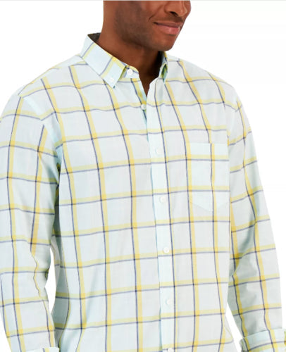 Club Room Mens Cresta Plaid Woven Long Sleeve Shirt- Blue Chiffon Large