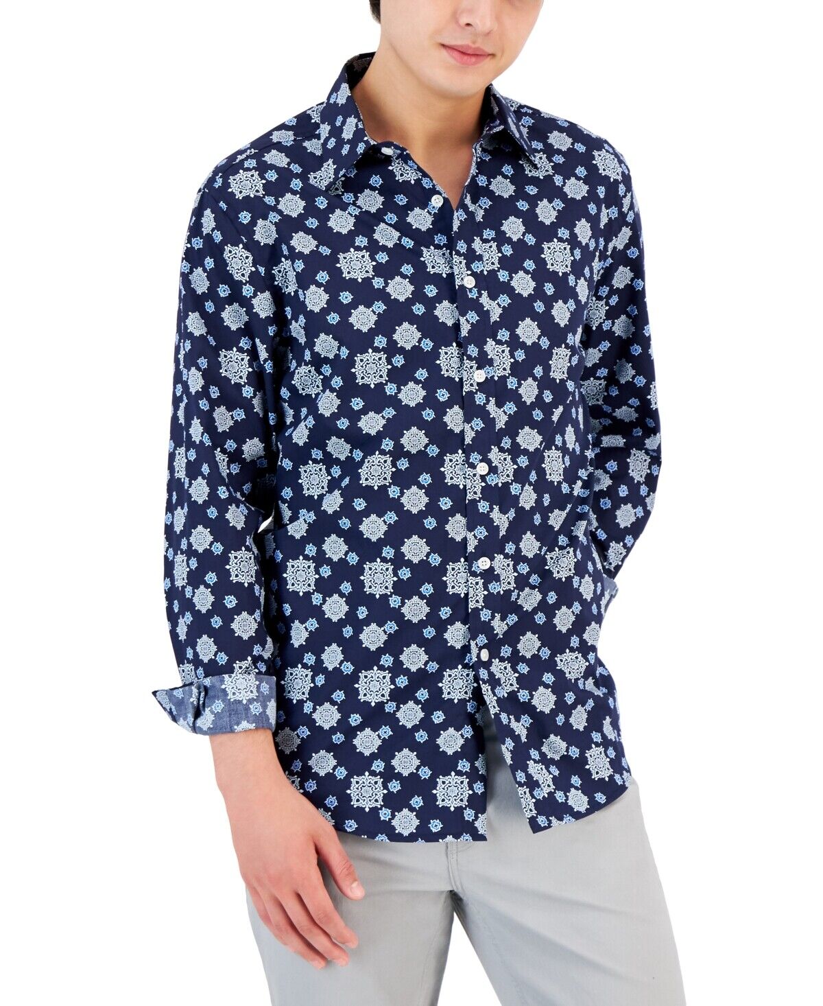 Club Room Men's Geometric Medallion Button Down Shirt Blue Small