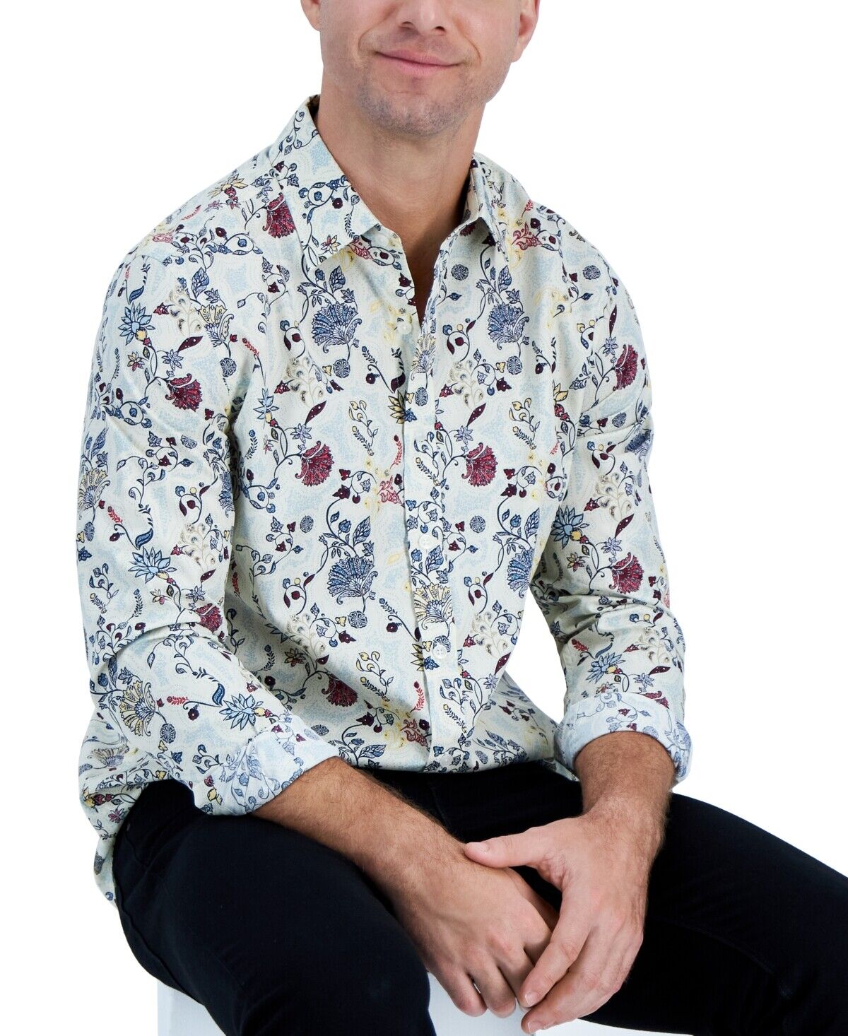 Club Room Mens Long-Sleeve Button Down Shirt Floral Pale Glass White Large