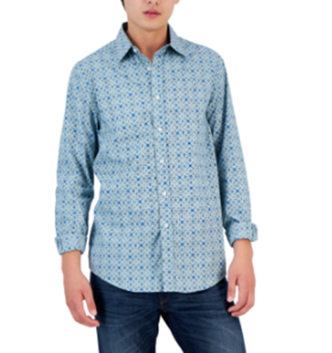 Club Room Mens Lopin Foulard Button Down Dress Shirt Blue Combo Small