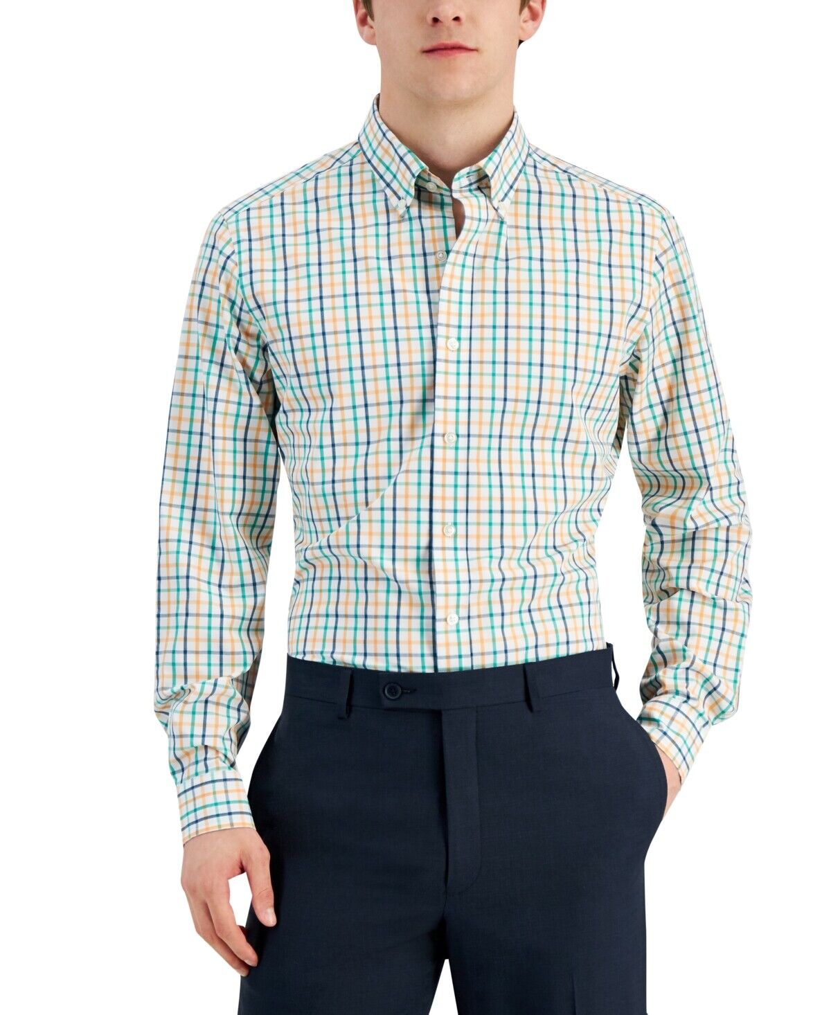 Club Room Men's Plaid Button Down Dress Shirt White Orange Navy Small