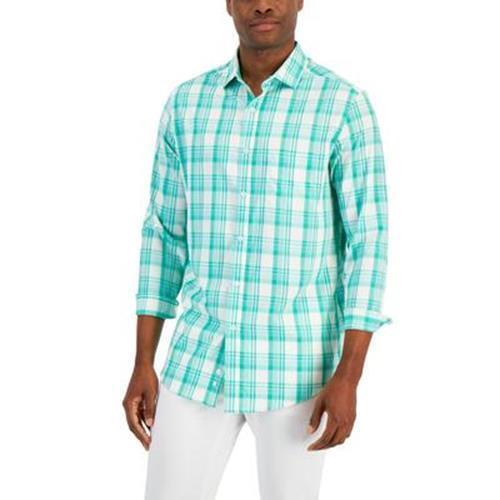 Club Room Mens Regular-Fit Plaid Button Down Shirt Fiji Green XL