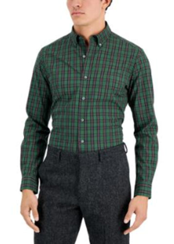 Club Room Mens Slim-Fit Plata Plaid Dress Shirt Green Black Medium