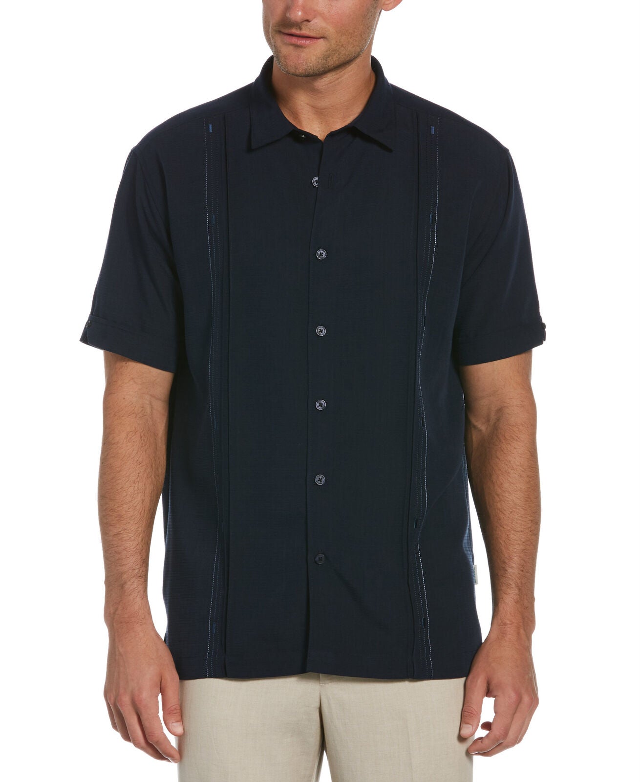 Cubavera Men's Big and Tall Embroidered Panel Short Sleeve Shirt Navy Blue 4XL