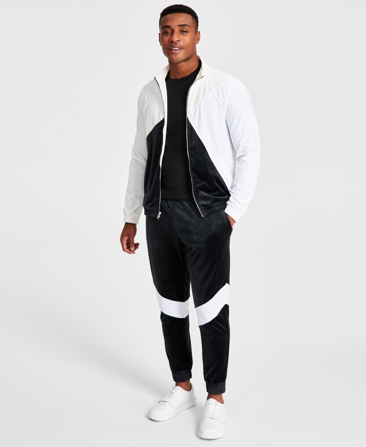 I.N.C. Men's Regular-Fit Pieced Colorblocked Velour Jacket Antique White XL