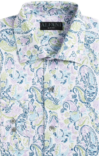 Alfani Men Slim Fit 4-Way Stretch Paisley Dress Shirt Paisley White Lavender 15
