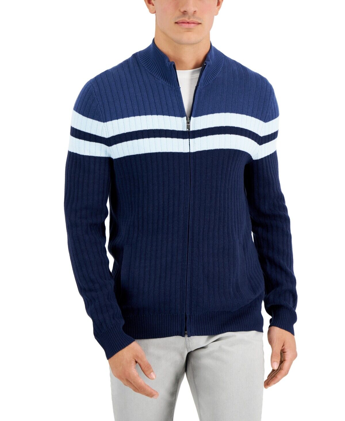 Alfani Mens Mock Neck Colorblock Full Zip Sweater Blue XL