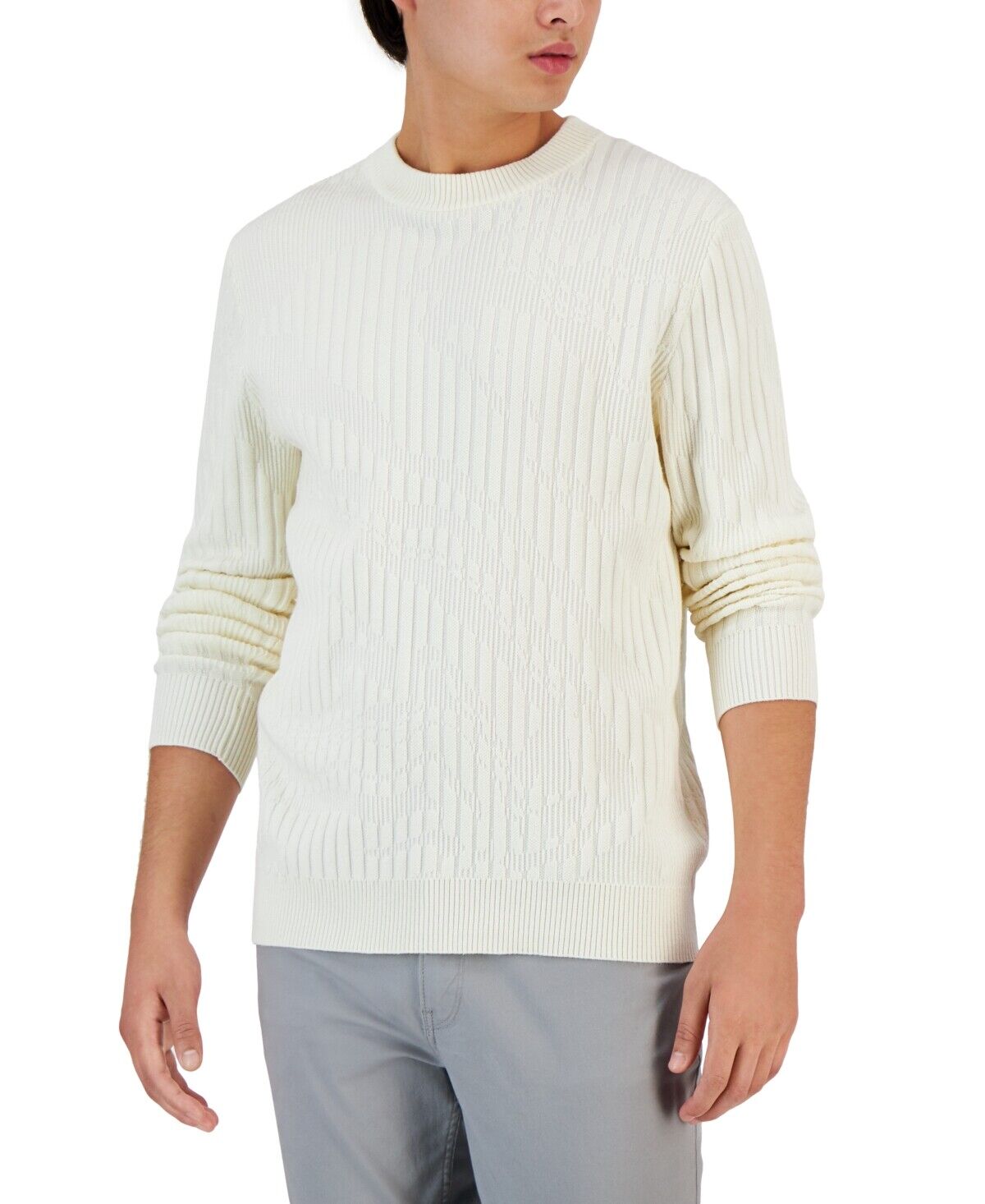 Alfani Men's Ribbed Marble Crewneck Sweater Vanilla Ice XL