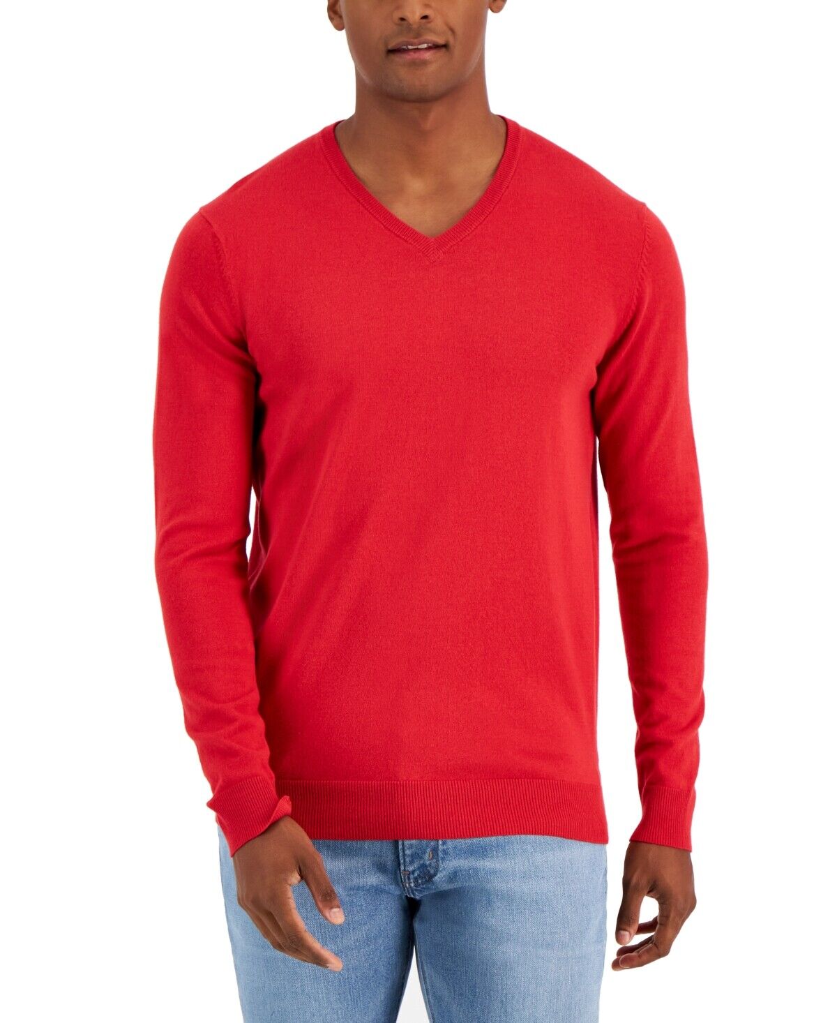 Alfani Mens V-Neck Ribbed Trim Sweater XL Red Cotton