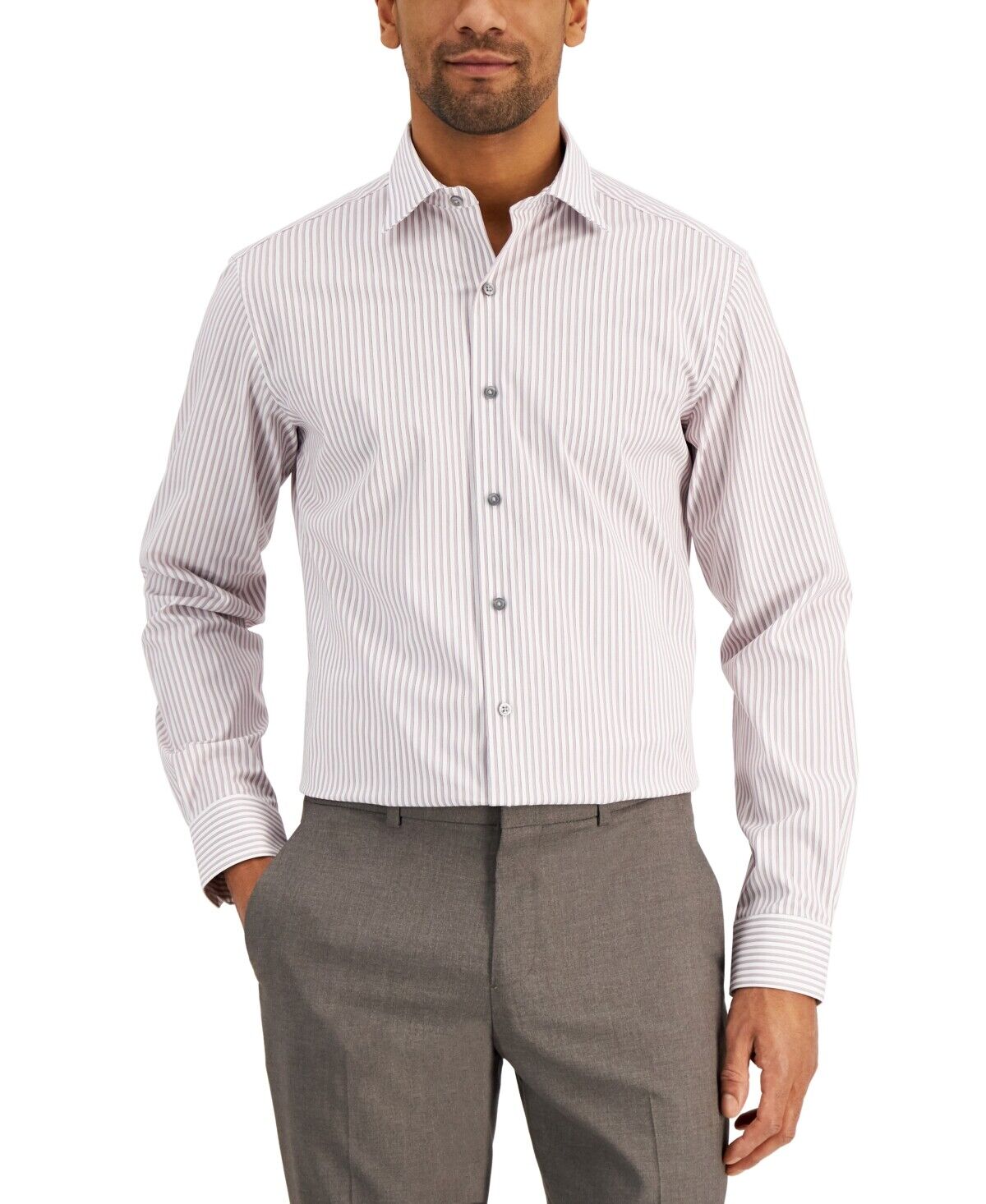 Alfani Slim Fit 2-Way Stretch Performance Stripe Dress Shirt Berry 17-17.5/36-37
