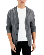 Alfani Mens Stripe V-Neck Cardigan Sweater Small Grey Cotton