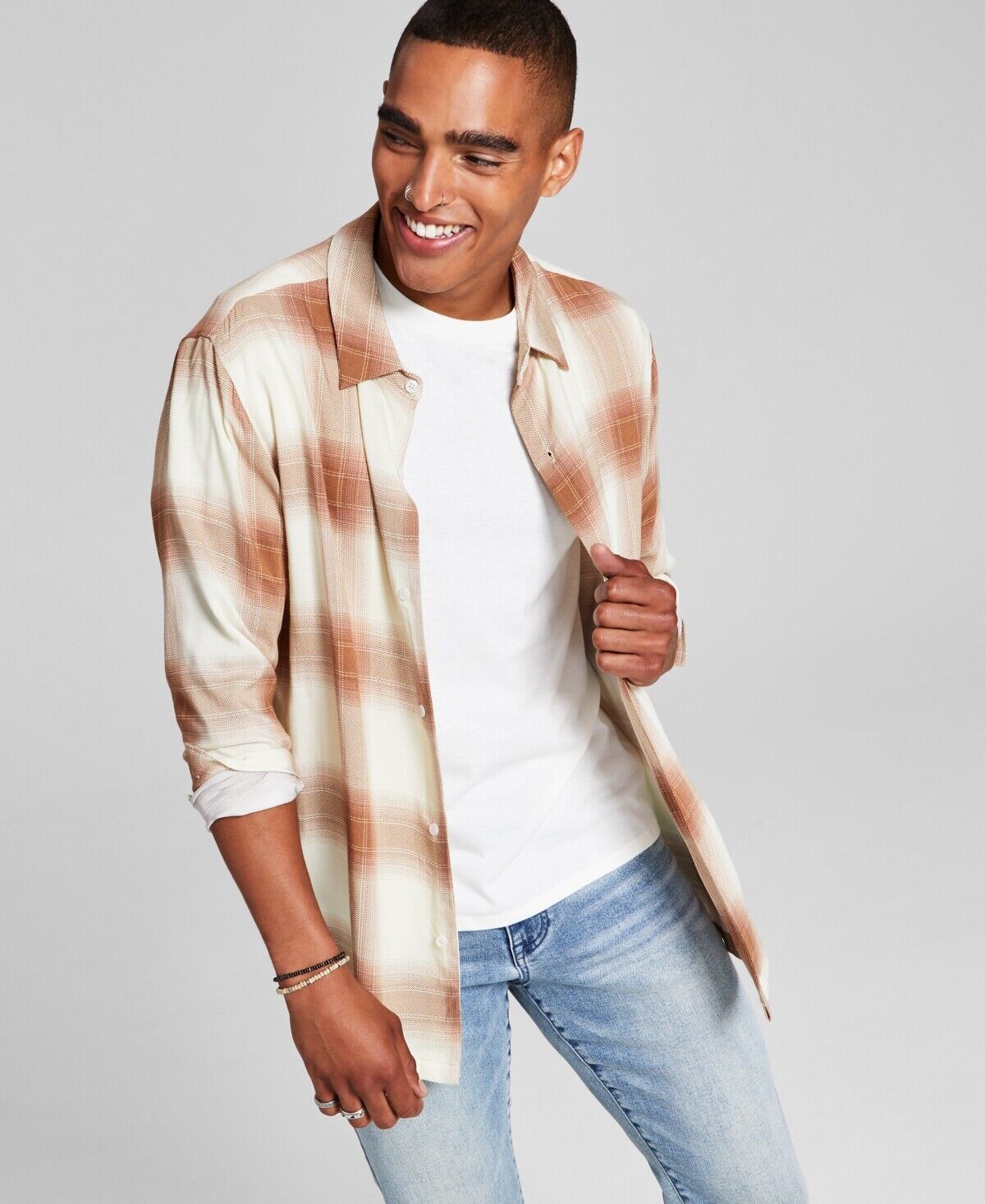 And Now This Mens Regular-Fit Plaid Button Down Shirt Tan Large