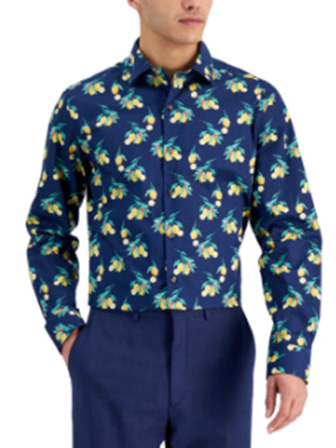 Bar III Mens Lemon-Print Button Down Dress Shirt Navy Yellow Large